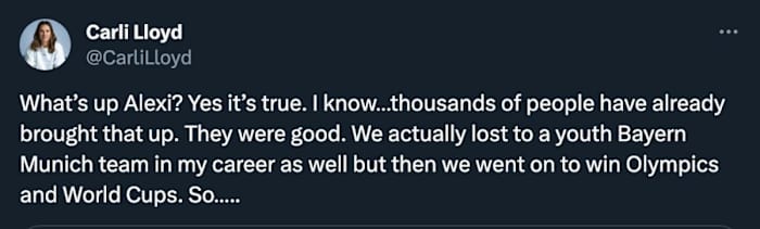 Carli Lloyd’s response to a question about the USWNT losing to an FC Dallas U-15 team on X (formerly Twitter).